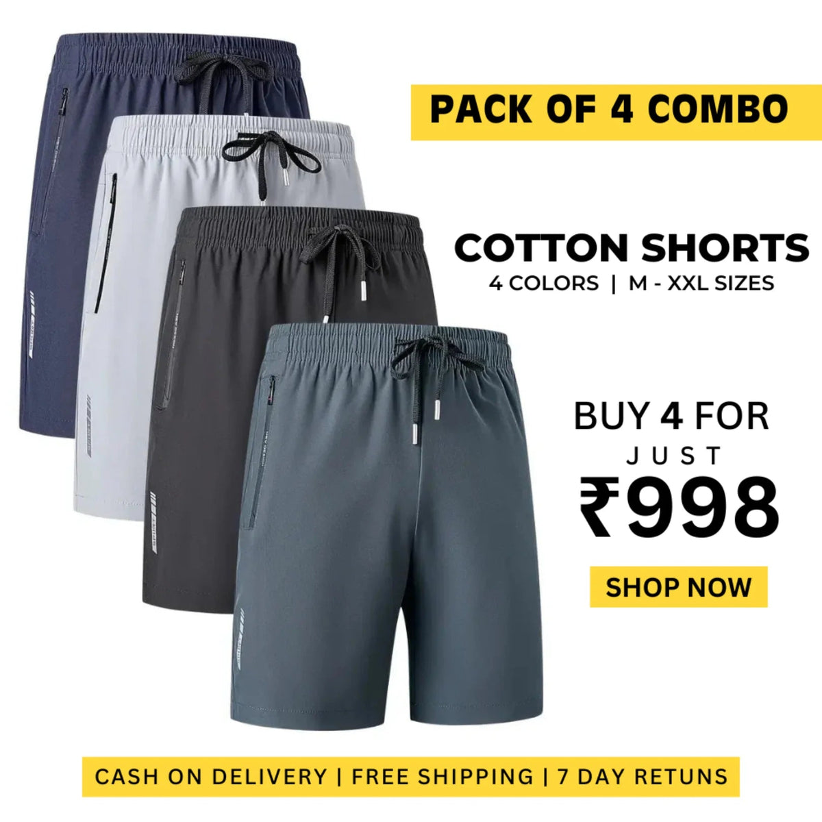 Combo of 4 Stretchable Cotton Shorts | 🔥FLAT 50% SAVING🔥